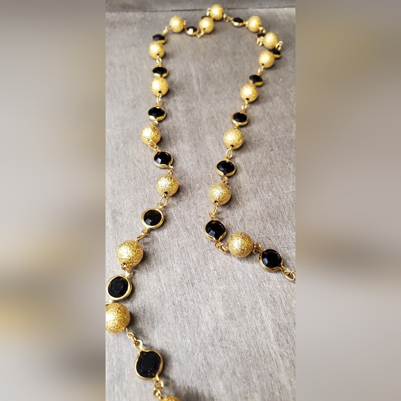 Austrian Crystal Open Back Bezel Necklace Black Gold Vintage Estate - Picture 5 of 10